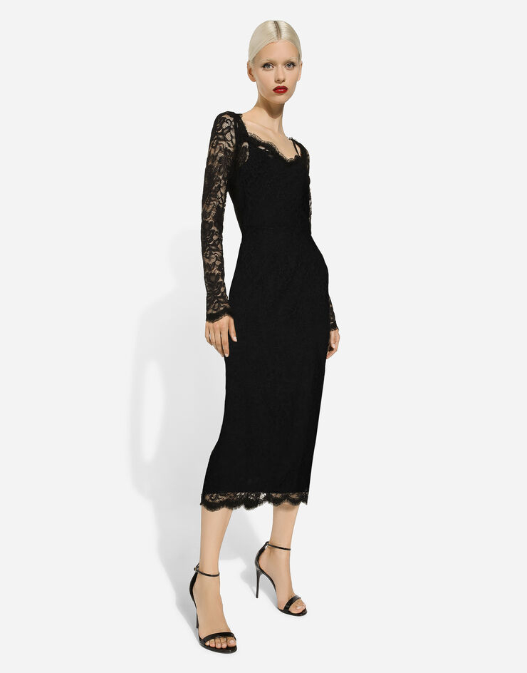 Dolce & Gabbana Longuette-Kleid aus floraler Spitze Schwarz F6AQGTHLUAH