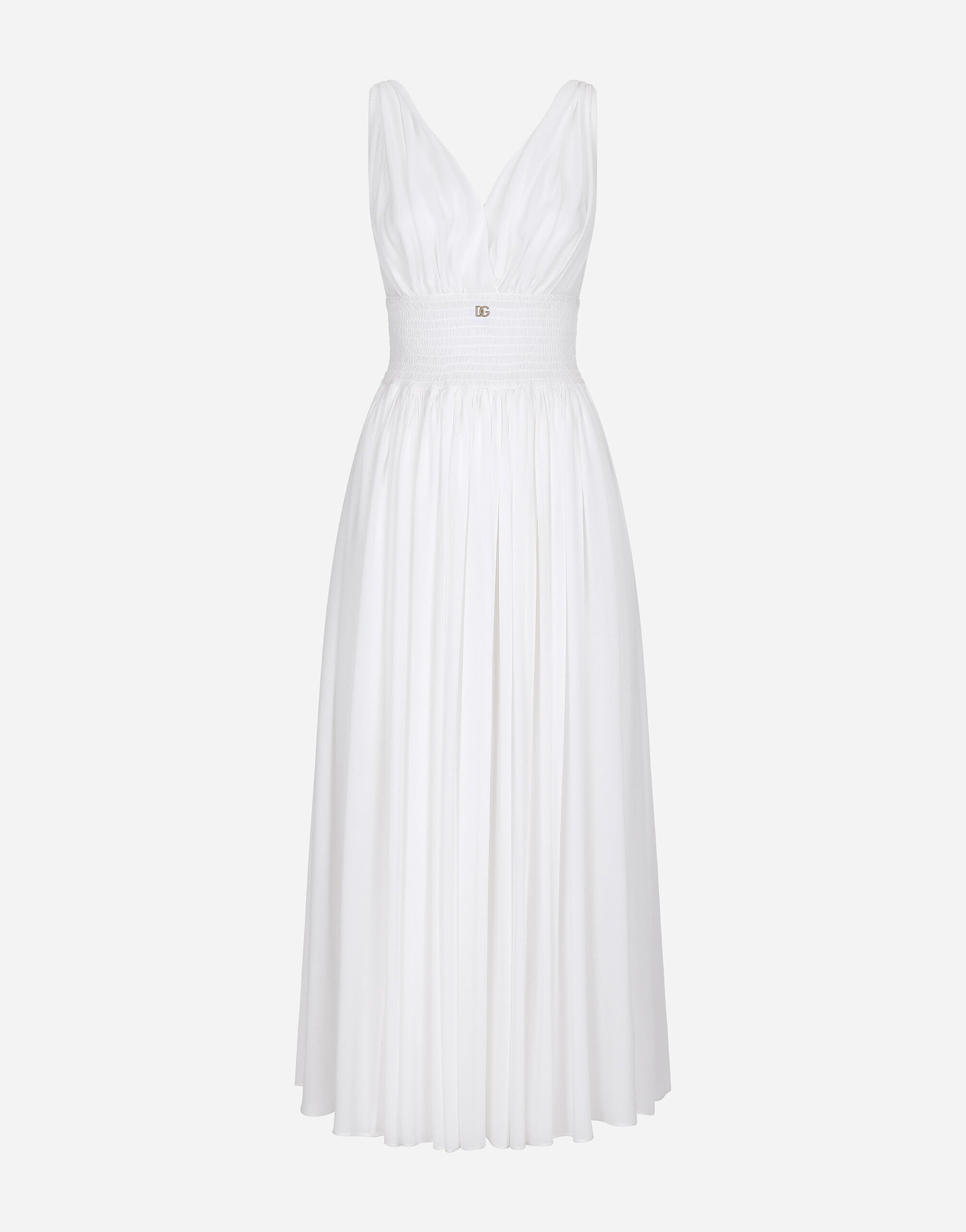 Dolce & Gabbana Longuette-Kleid mit V-Ausschnitt aus Seidengeorgette Drucken F68A8TFPTAH