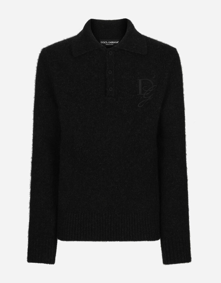 Dolce & Gabbana Langarm-Poloshirt aus Wolle mit Logostickerei Grau GXZ48ZJFMIM