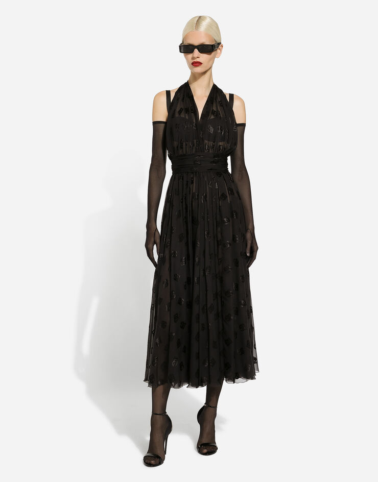 Dolce & Gabbana 올오버 DG 로고 데보레 새틴 미드카프 드레스 블랙 F6DLMTFJTBR