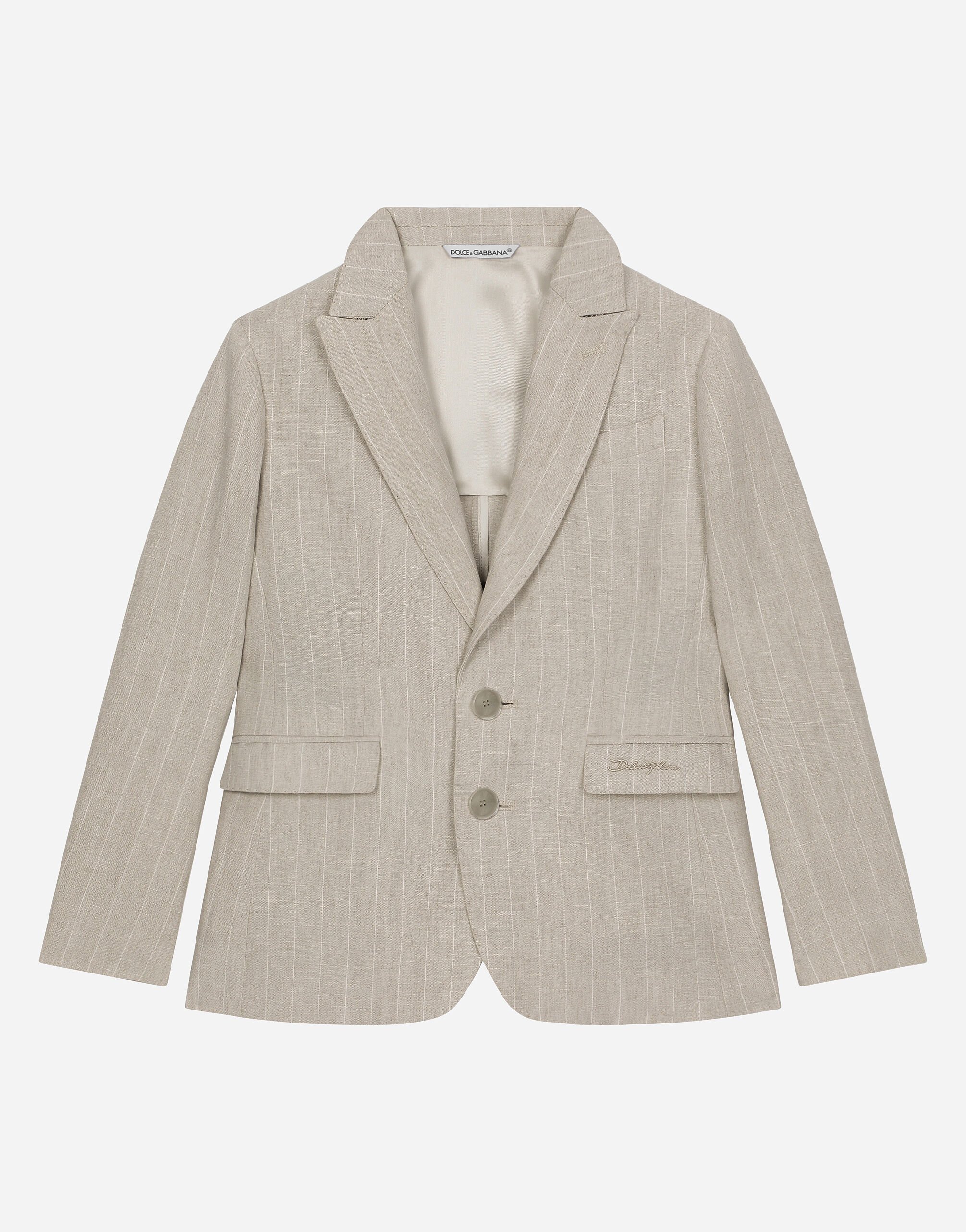 ${brand} Single-breasted linen jacket with Dolce&Gabbana logo ${colorDescription} ${masterID}