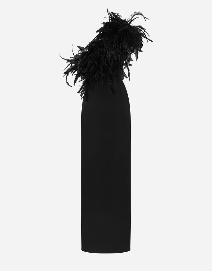 Dolce & Gabbana Long one-shoulder stretch cady dress with feathered neckline Black F6JRFTFUIAH