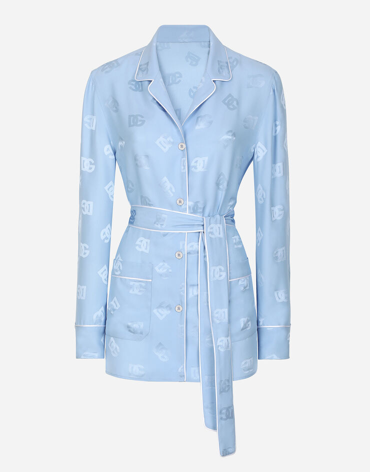 Dolce & Gabbana Long-sleeved silk satin jacquard pajama shirt with DG logo Azure F5I89TFJ1JO