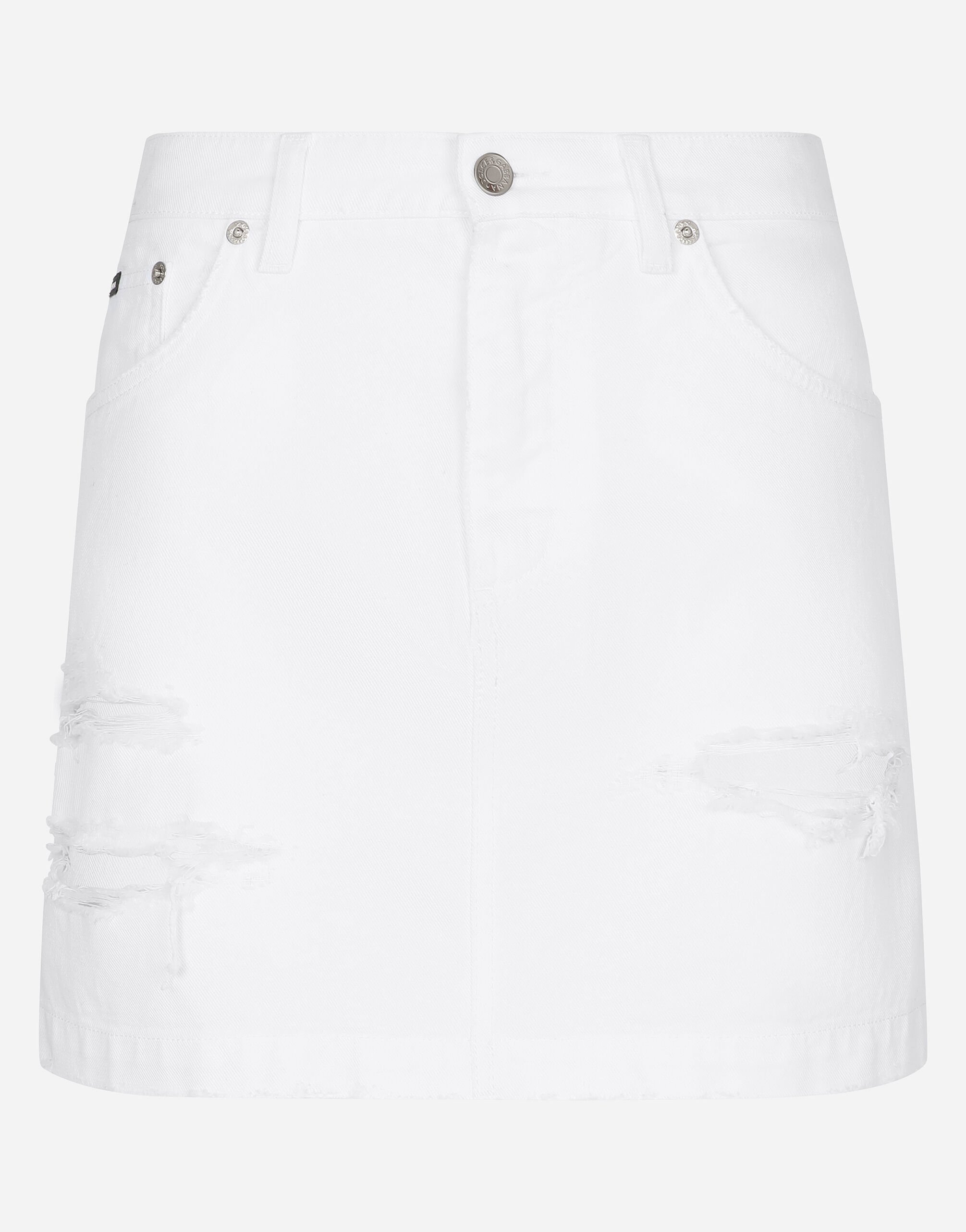 ${brand} Denim mini skirt with rips ${colorDescription} ${masterID}