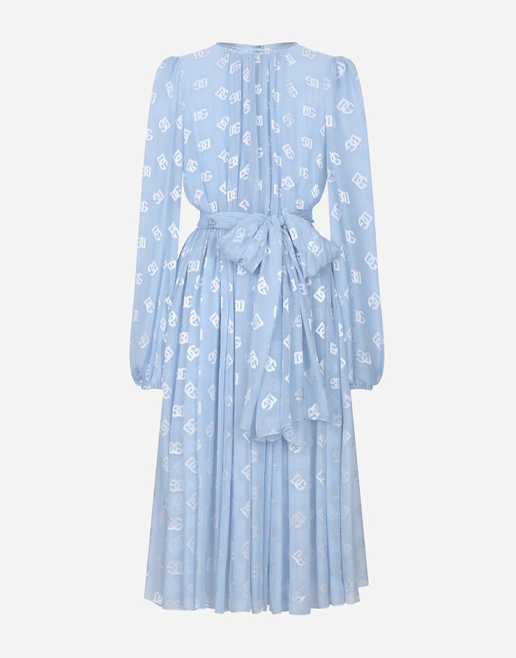 Dolce & Gabbana Robe mi-longue en soie jacquard dévorée à logo DG Bleu Ciel F6AOJTFJTBR