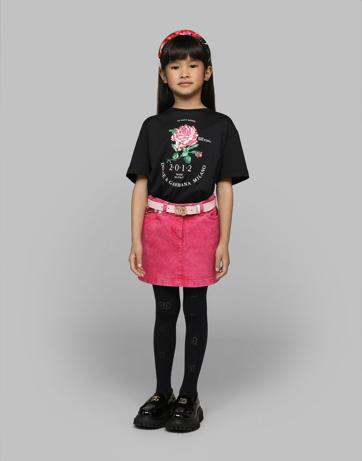 Dolce & Gabbana Jersey-T-Shirt mit Dolce&Gabbana-Logo und Rose Schwarz L5JTNMG7N0U