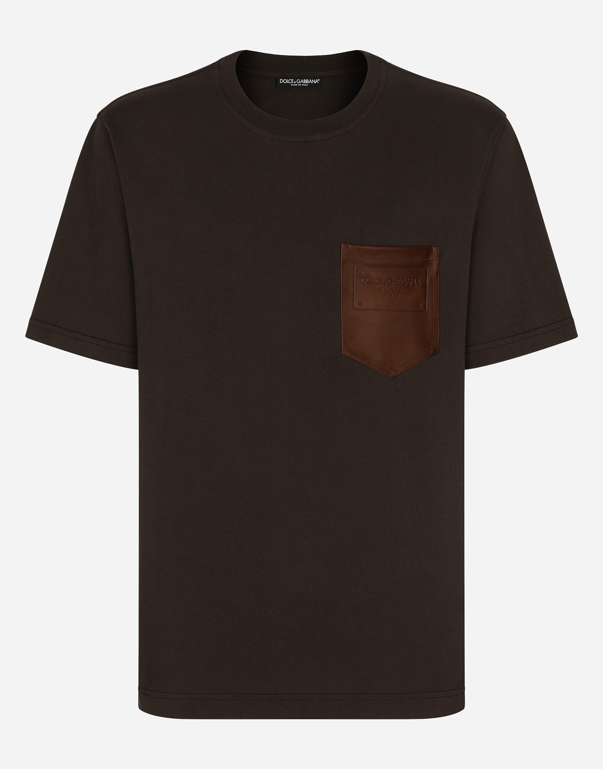 ${brand} T-Shirt aus Baumwolle mit Brusttasche aus Leder und Logo ${colorDescription} ${masterID}