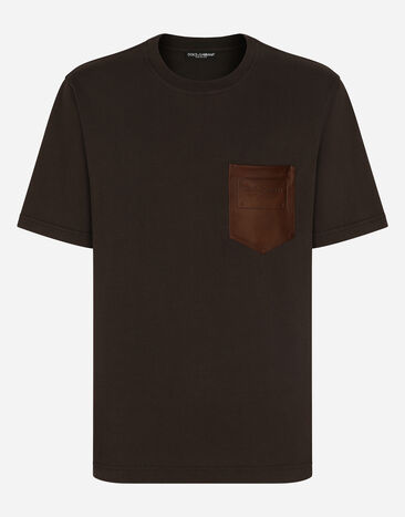 Dolce & Gabbana Cotton T-shirt with leather breast pocket and logo Havana beige VG446EVP473