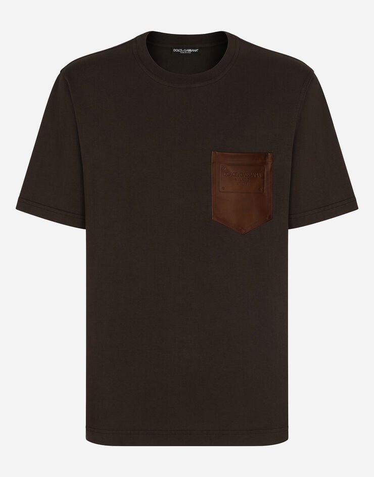 Dolce & Gabbana T-shirt in cotone con taschino in pelle e logo Marrone G8PN9ZG7M3I