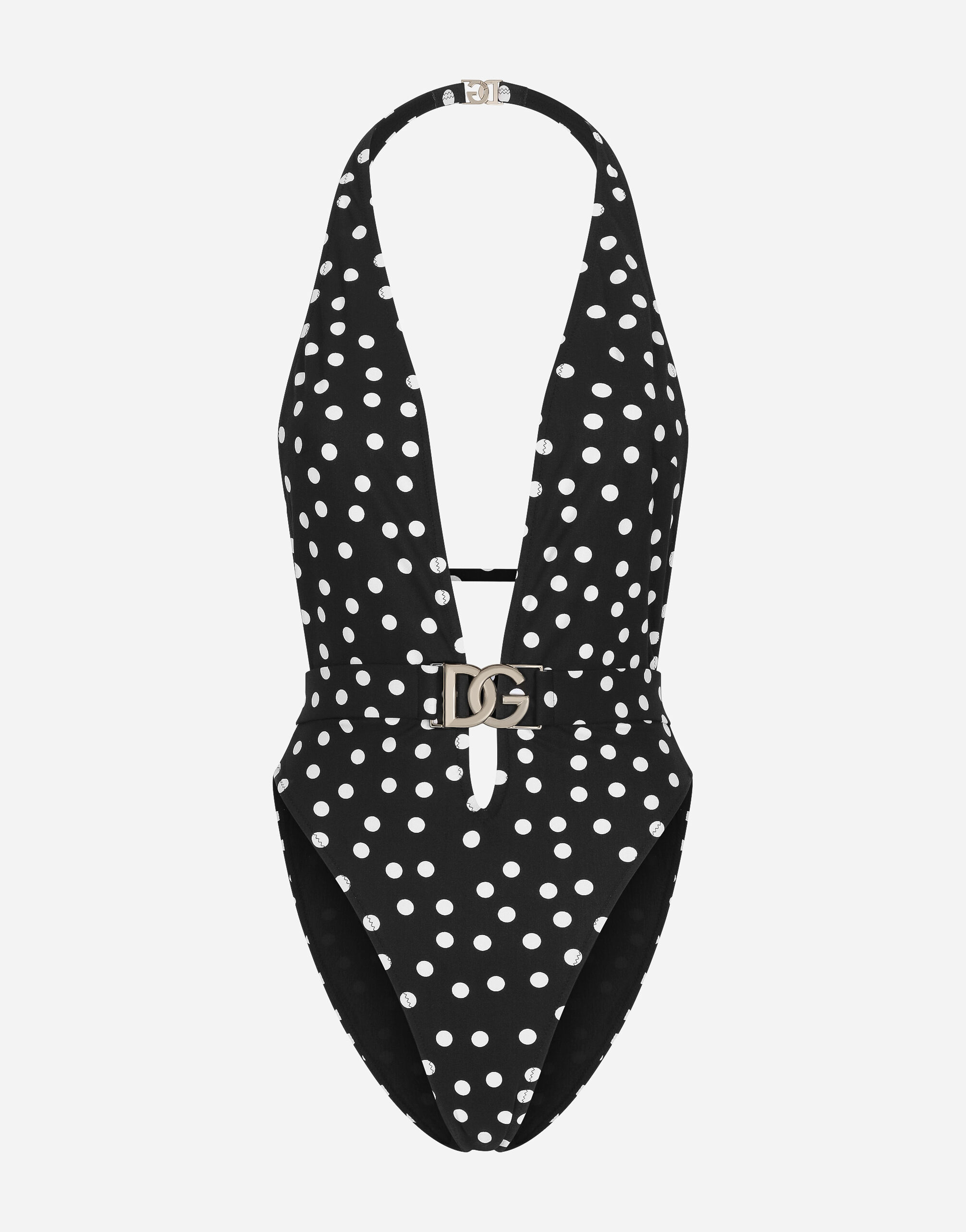 ${brand} Belted one-piece swimsuit with plunging neckline and polka-dot print ${colorDescription} ${masterID}