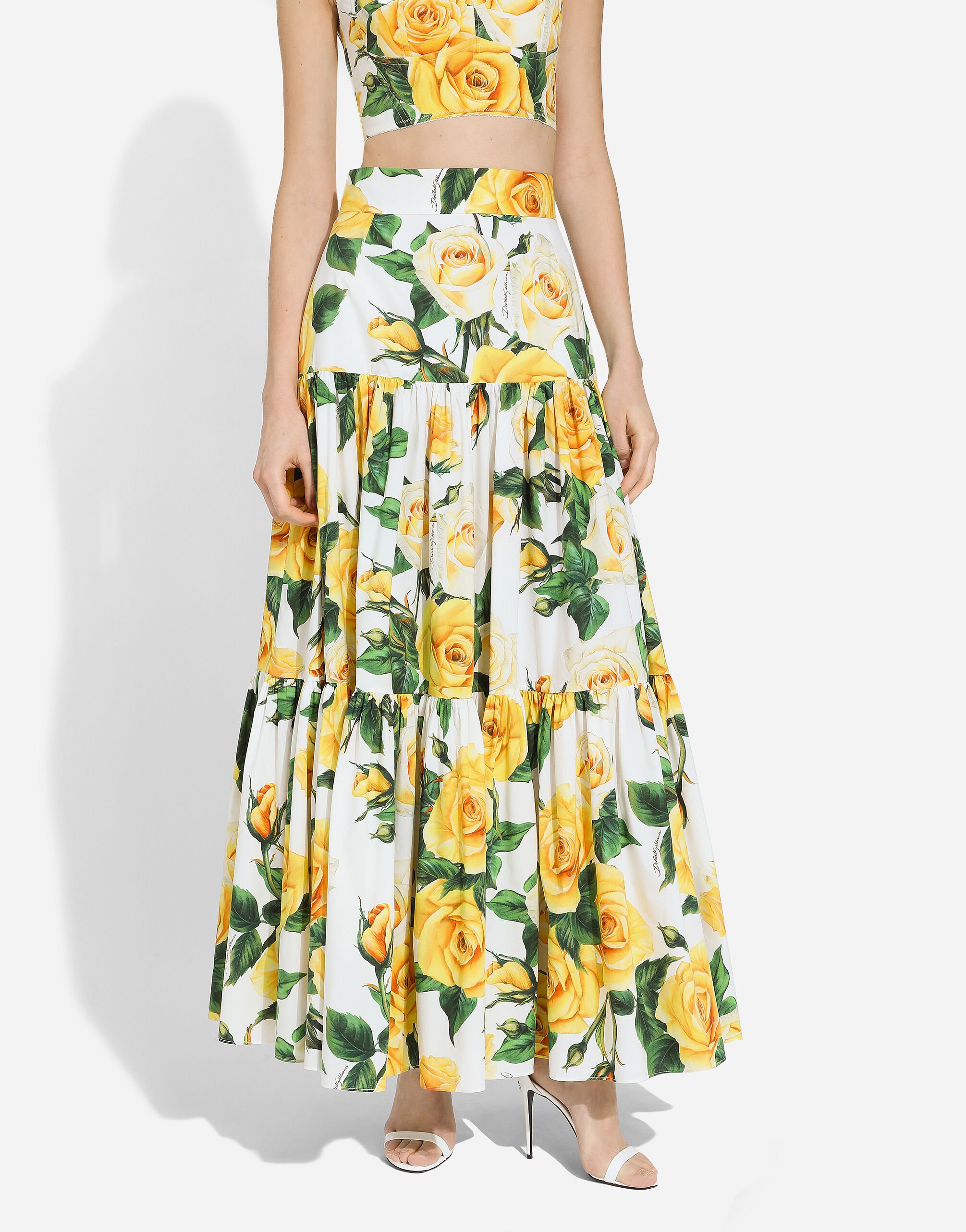 Long ruffled skirt in yellow rose-print cotton