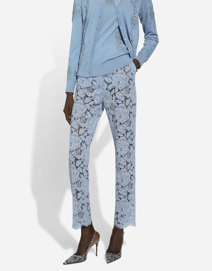 Dolce & Gabbana Tailored branded floral cordonetto lace pants with DG logo Light Blue FTAM2THLM7L