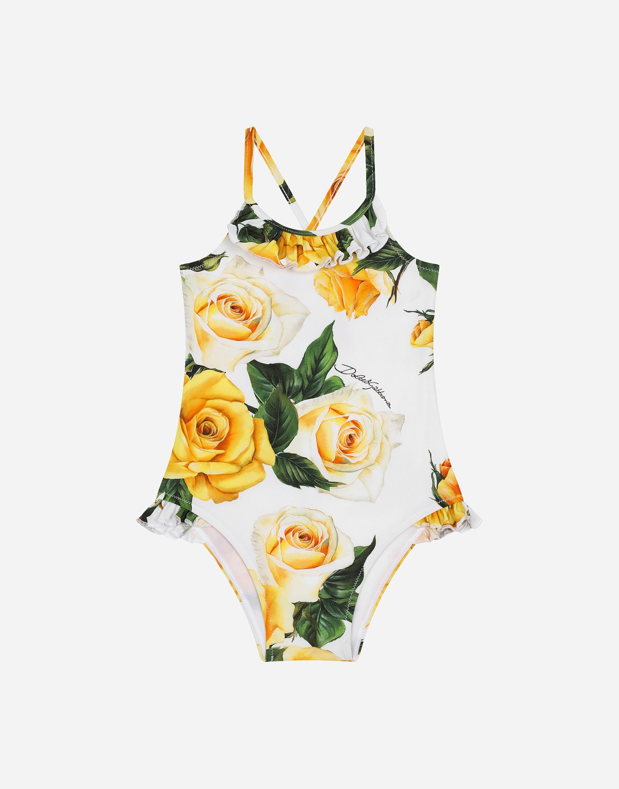 ${brand} Spandex one-piece swimsuit with yellow rose print ${colorDescription} ${masterID}