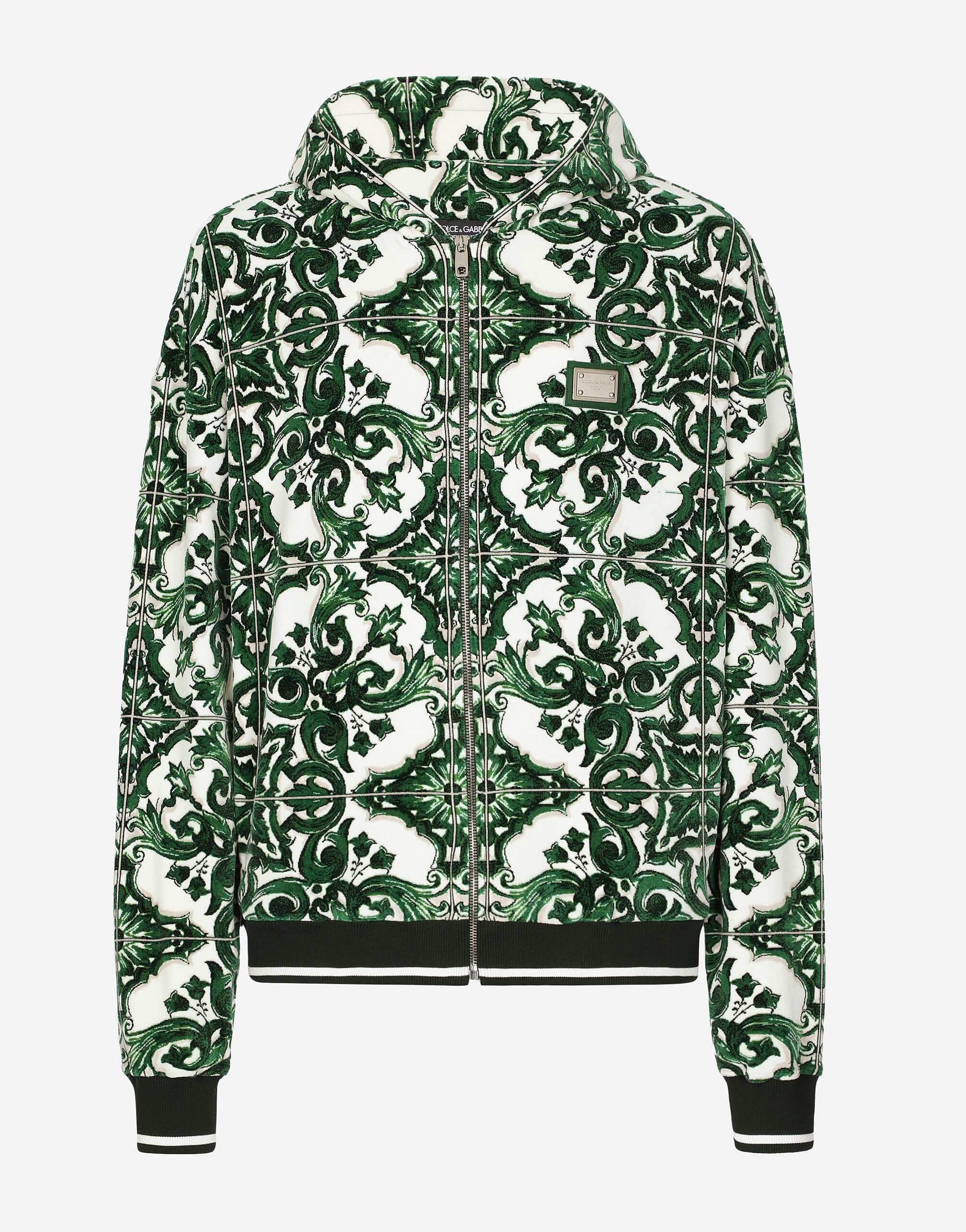 Dolce & Gabbana Felpa con cappuccio e zip stampa maiolica Verde G9BDXZG7NON