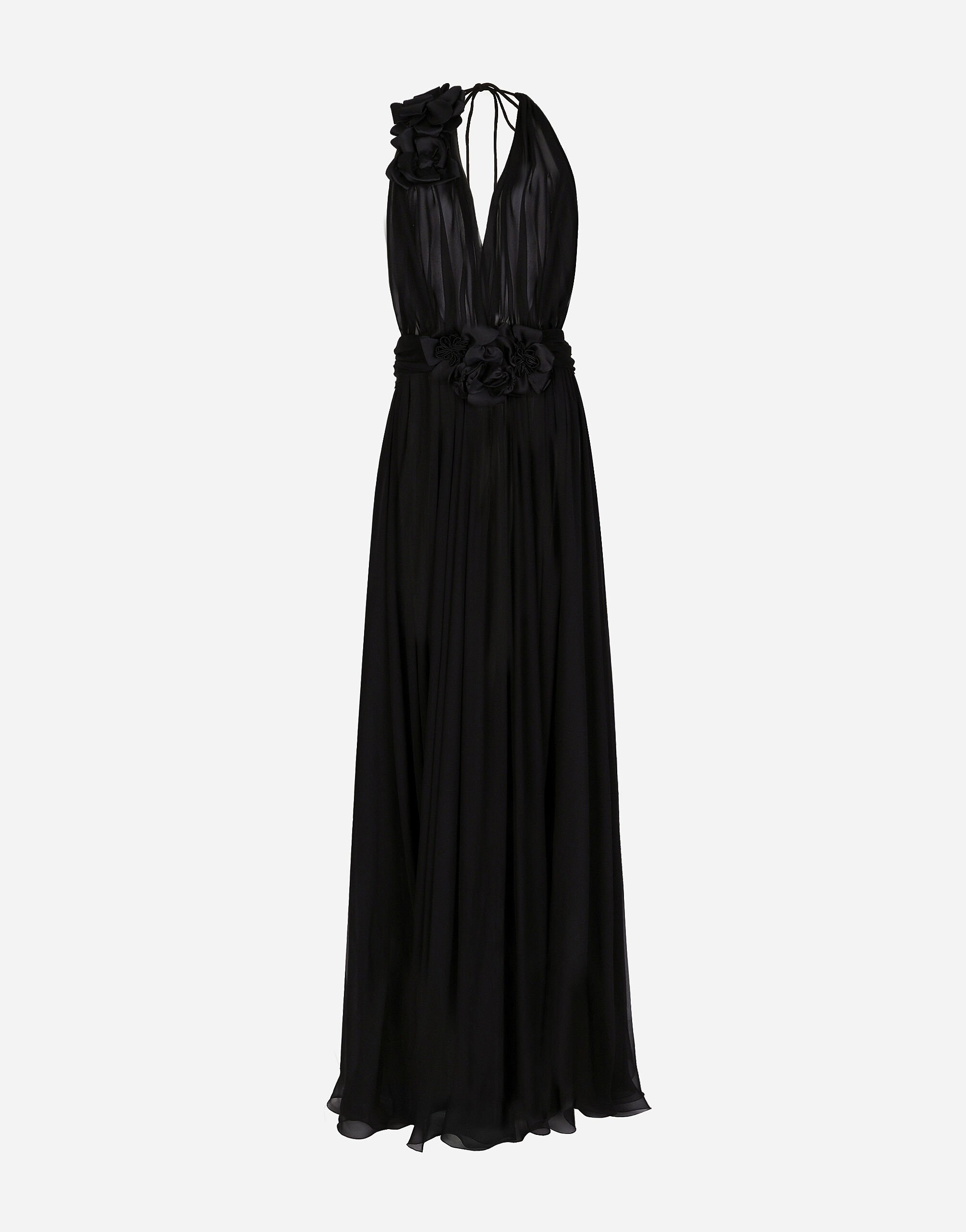 Long silk chiffon dress with floral appliqué in Black for 