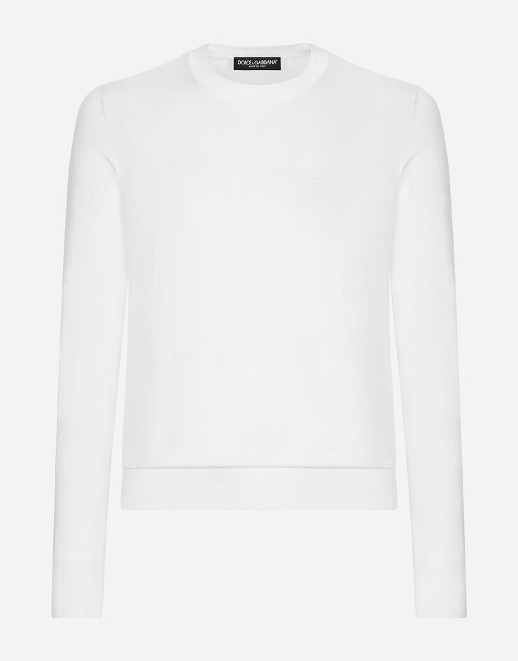 Dolce & Gabbana Round-neck silk sweater with Dolce&Gabbana logo White GXX02ZJBSJS