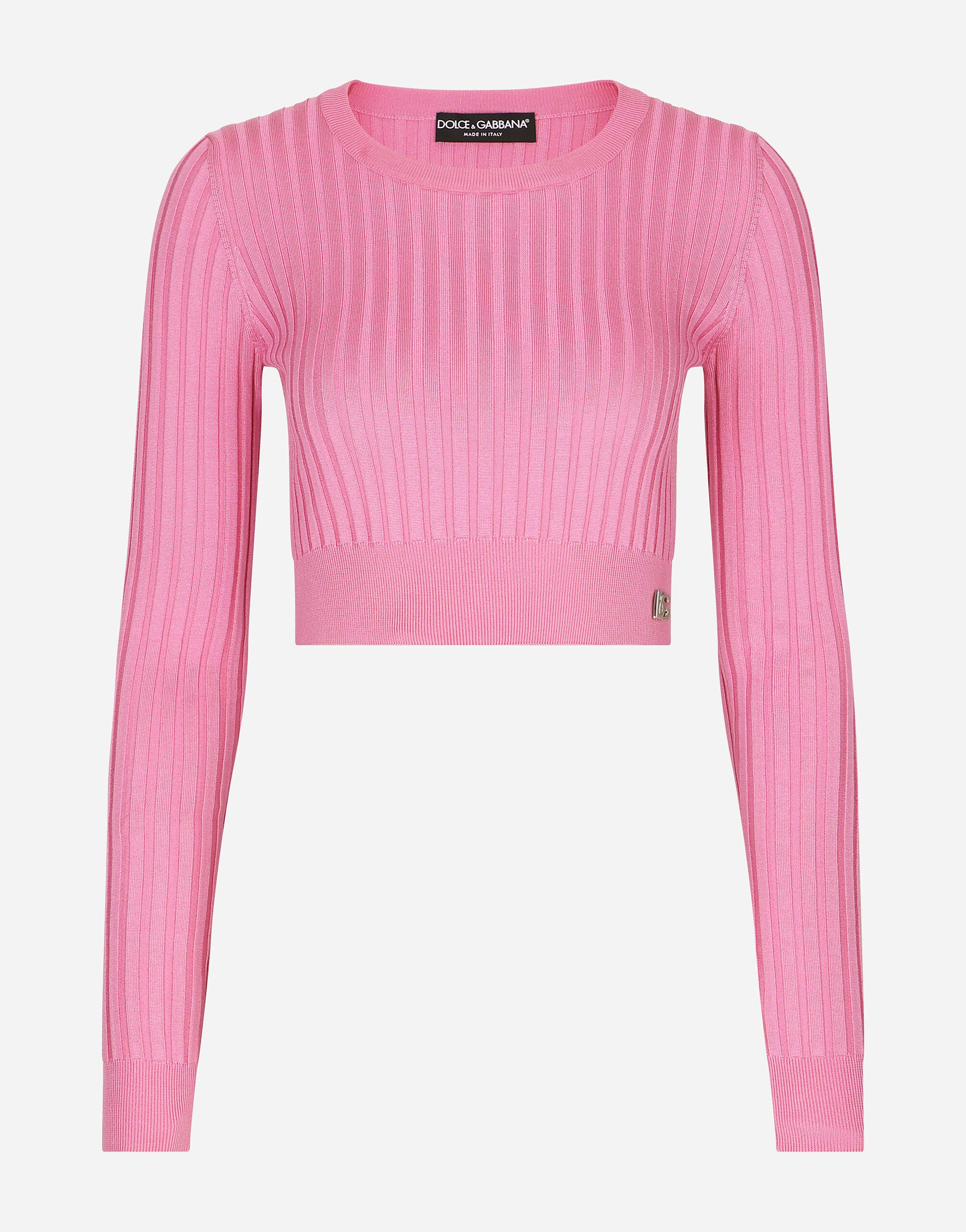 ${brand} Cropped sweater in ribbed silk ${colorDescription} ${masterID}
