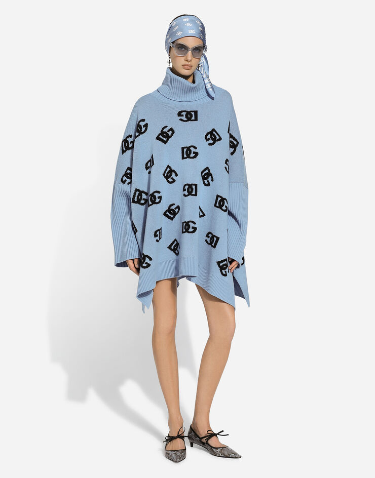 Dolce & Gabbana Poncho mit hohem Kragen aus Wolle mit DG-Intarsienlogo Azurblau FXV08TJCVZM