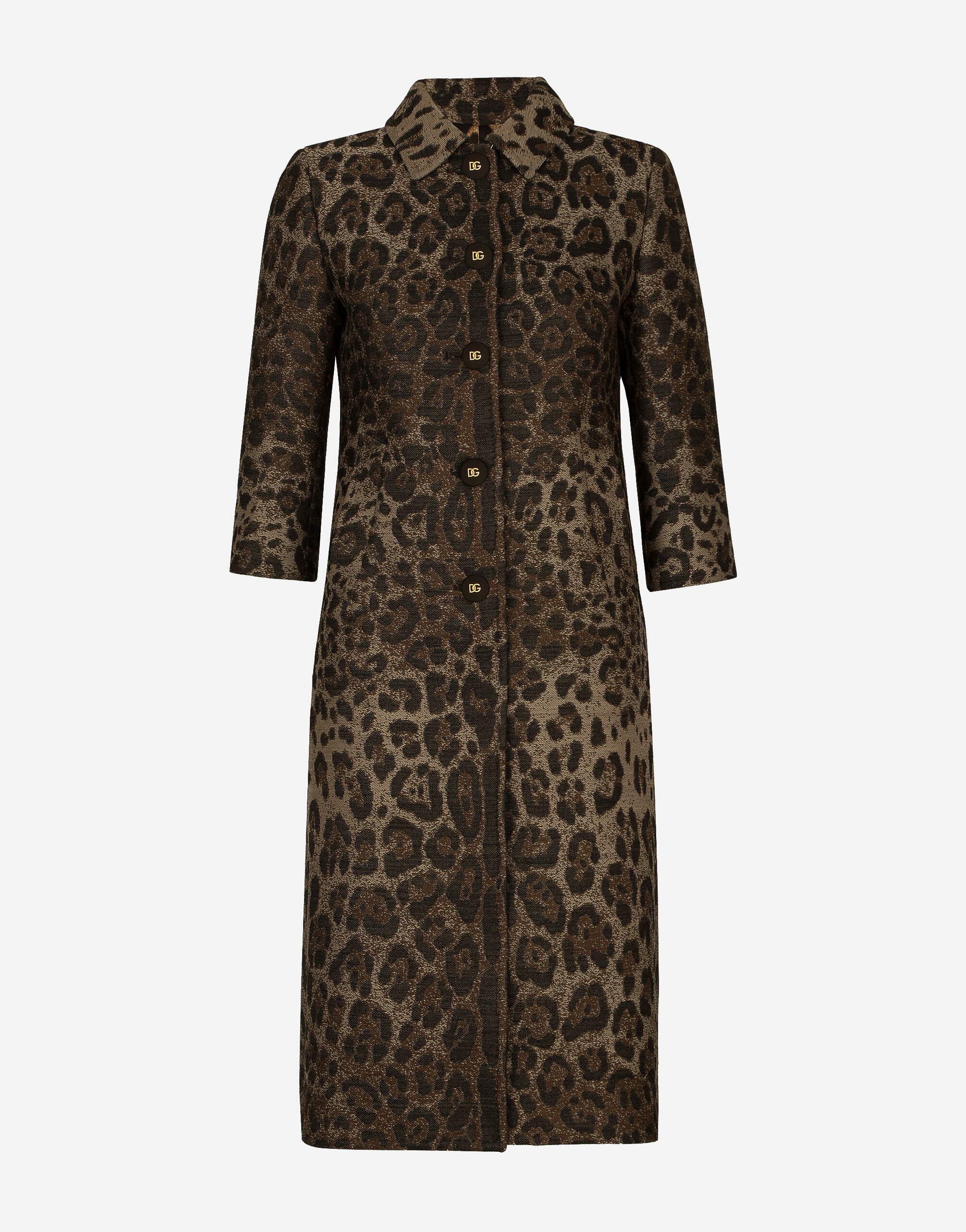 ${brand} Single-breasted wool jacquard coat with leopard design ${colorDescription} ${masterID}