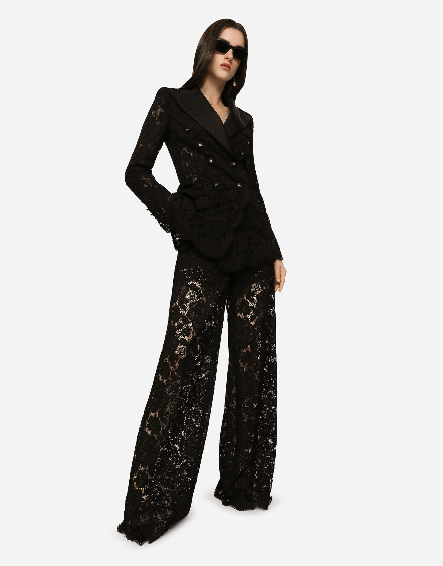 Flared branded stretch lace pants in Black for | Dolce&Gabbana® US