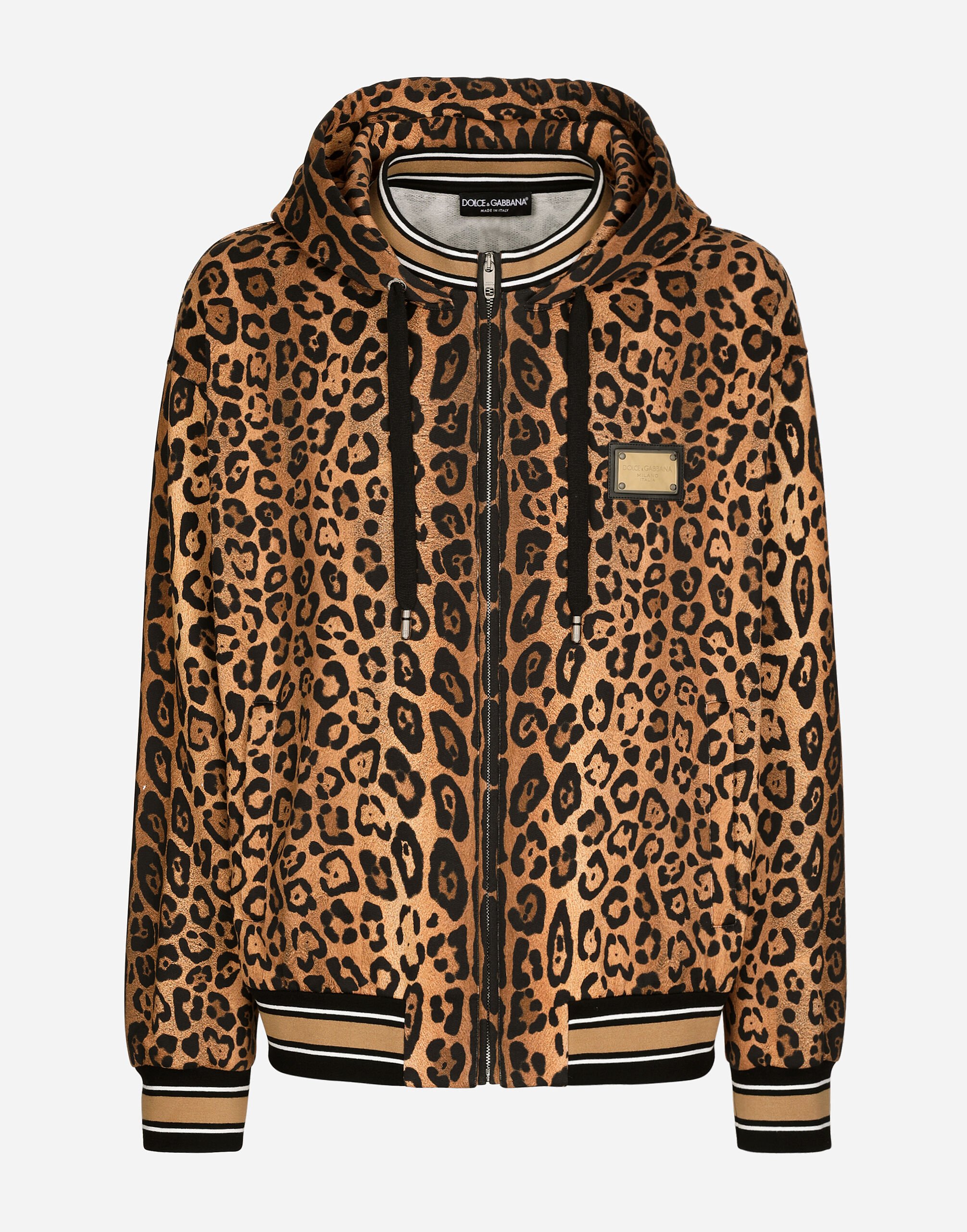Dolce & Gabbana Sudadera con capucha y crespo estampado leopardo con placa Imprima G9AYCTHJMP9