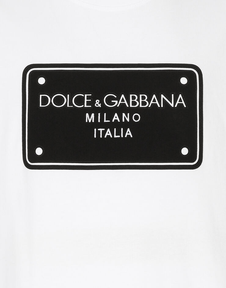 Dolce & Gabbana T-shirt in cotone con ricamo placca logata Bianco G8PN9ZG7NRN