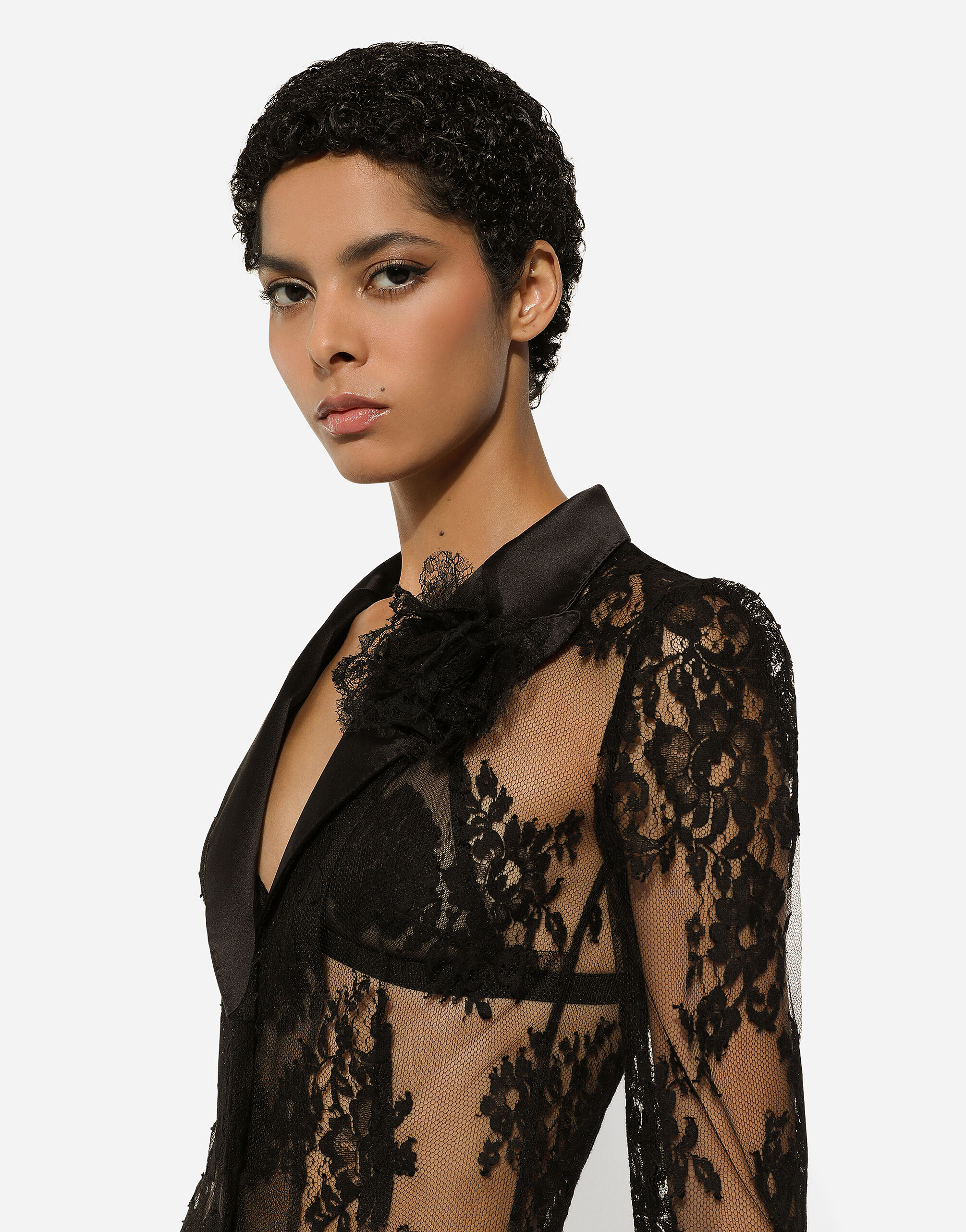 Floral lace jacket with satin details in Black for Women 