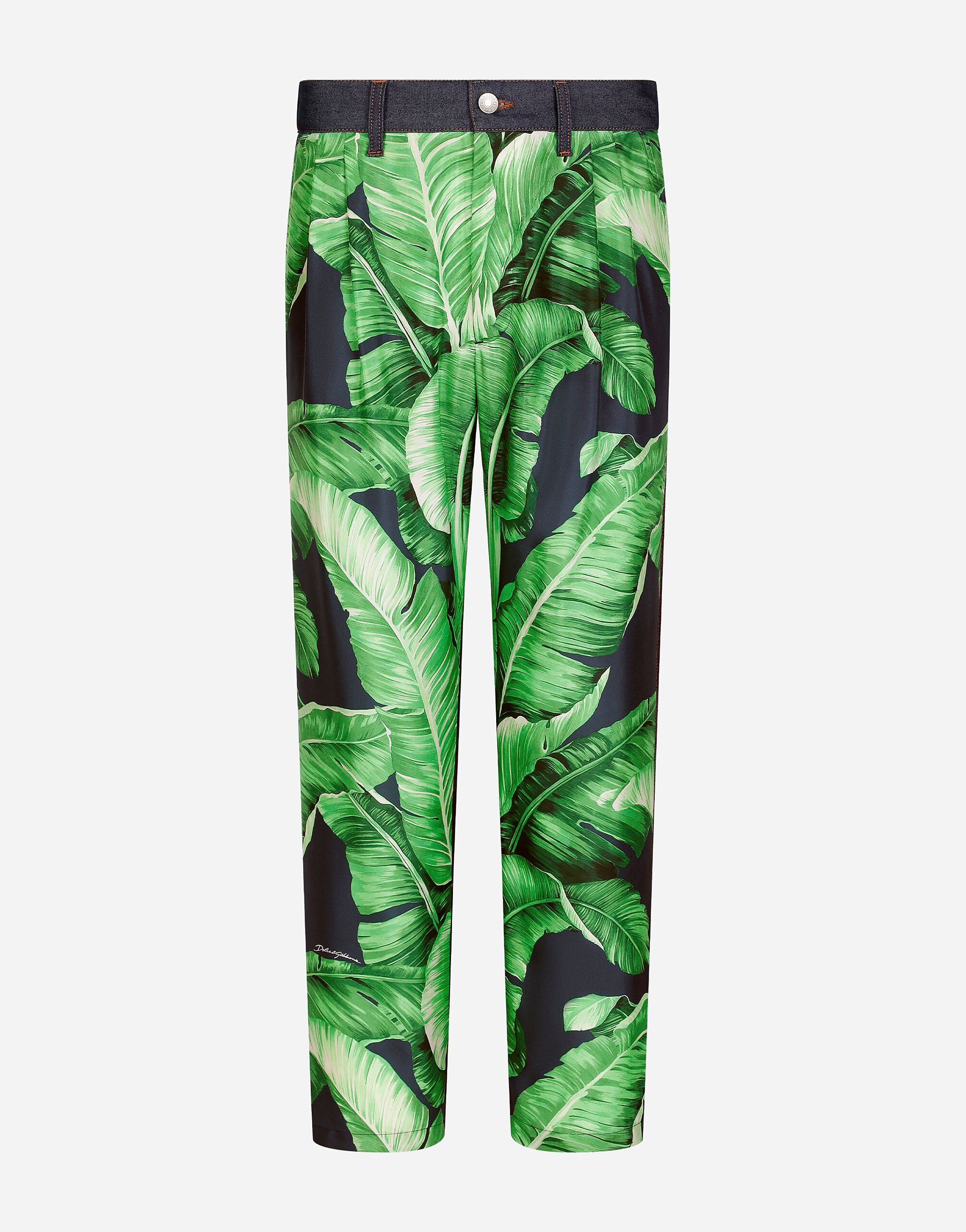 ${brand} Loose blue denim and silk jeans with banana tree print ${colorDescription} ${masterID}