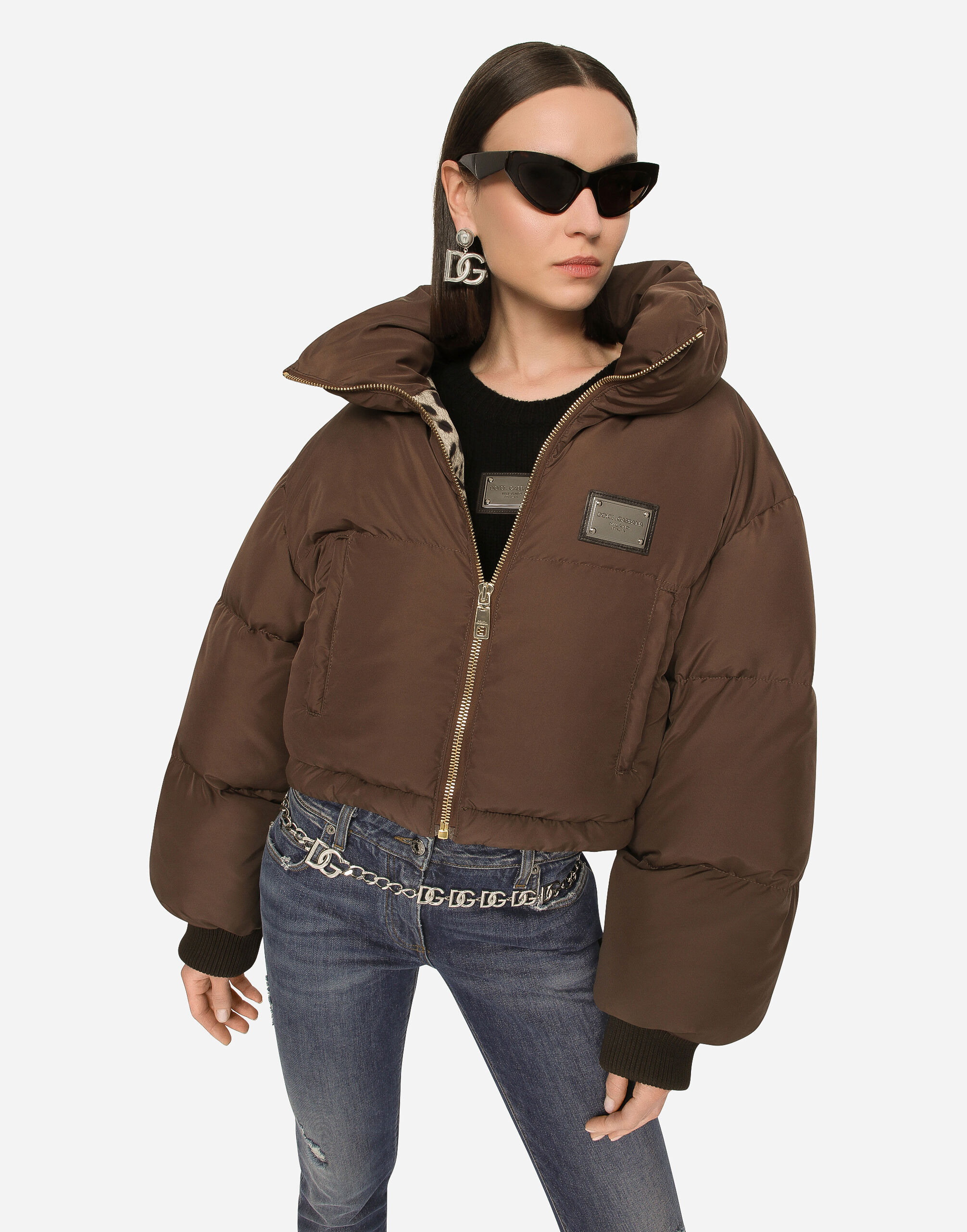 Dolce&Gabbana Short padded nylon jacket with logo tag female Brown