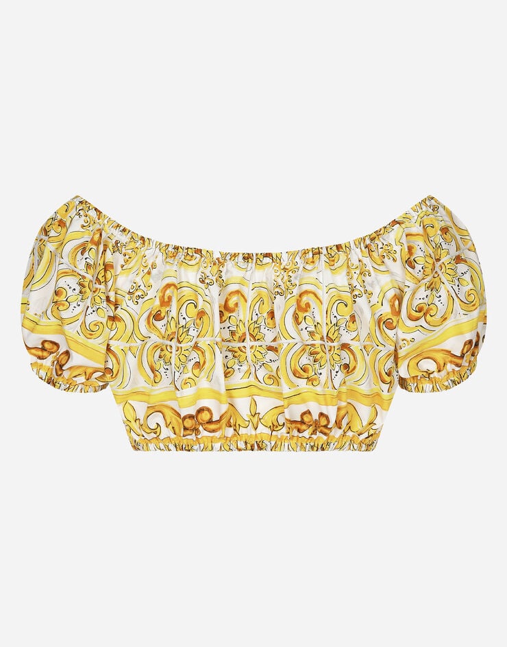 Dolce & Gabbana Top corto en popelina de algodón con estampado Maiolica Imprima F755RTHH5BA