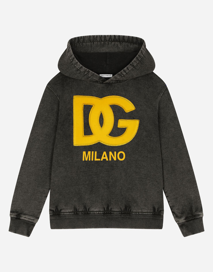 Dolce & Gabbana Washed-look jersey hoodie with DG logo Black L4JWFJG7N3Z