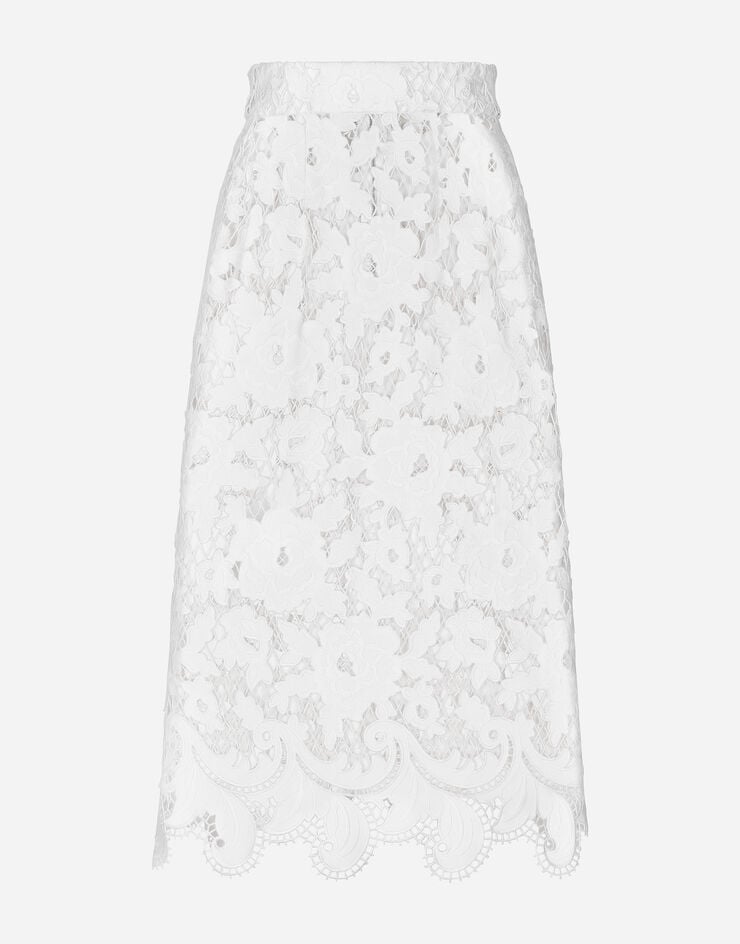 Dolce & Gabbana Midirock aus Baumwolle mit floraler Ausschnittstickerei Weiss F4CVRZFG6AD