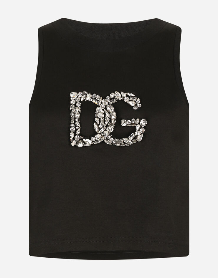 Dolce & Gabbana Kurzes Tanktop aus Jersey mit DG-Kristalldekor Schwarz F8P57ZHU7IF