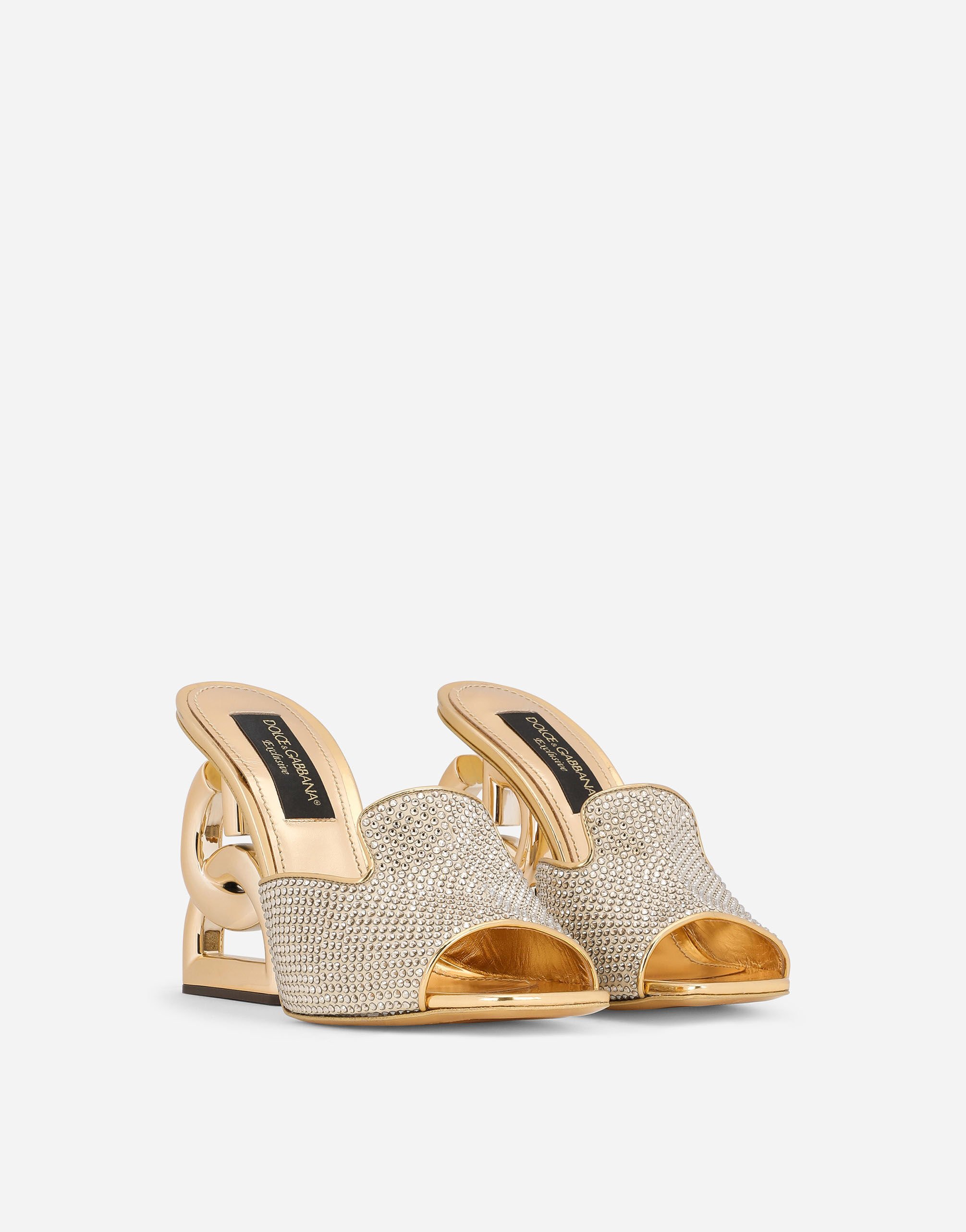 Mules with fusible rhinestone detailing and DG Pop heel in Gold 