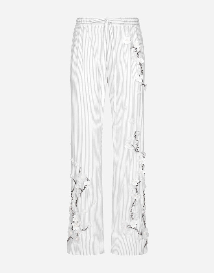 Dolce & Gabbana Pantalone in popeline rigato con ricamo Bianco GP08EZGH597