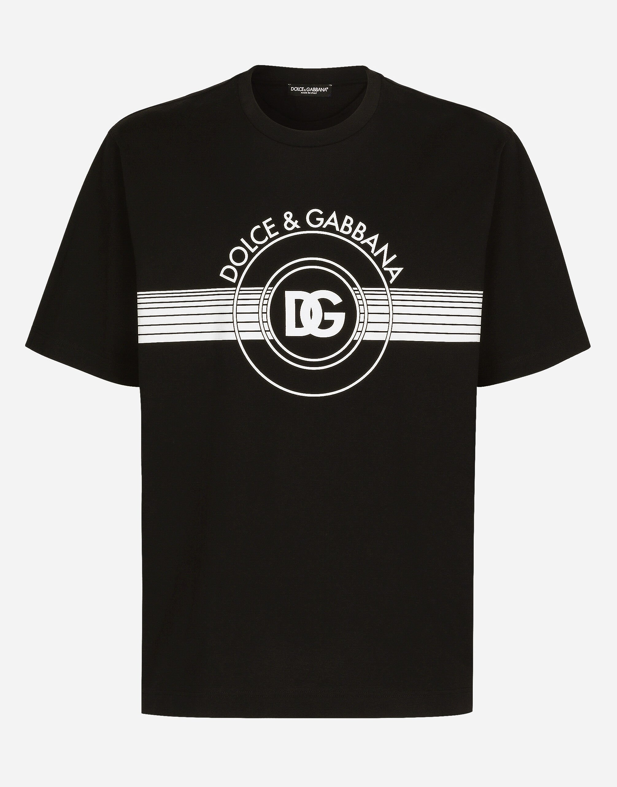 Dolce&Gabbana تيشيرت قطني بحياكة إنترلوك وطبعة شعار DG أسود G040VTHU7QV