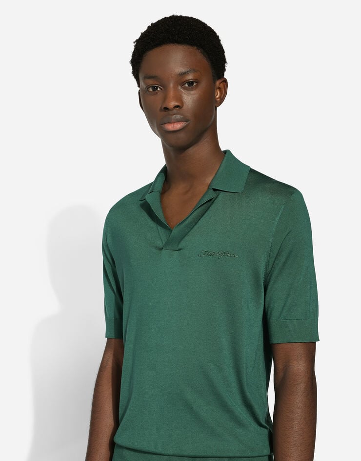 Dolce & Gabbana Silk polo-shirt with Dolce&Gabbana embroidery Green GXZ09ZJBSJS