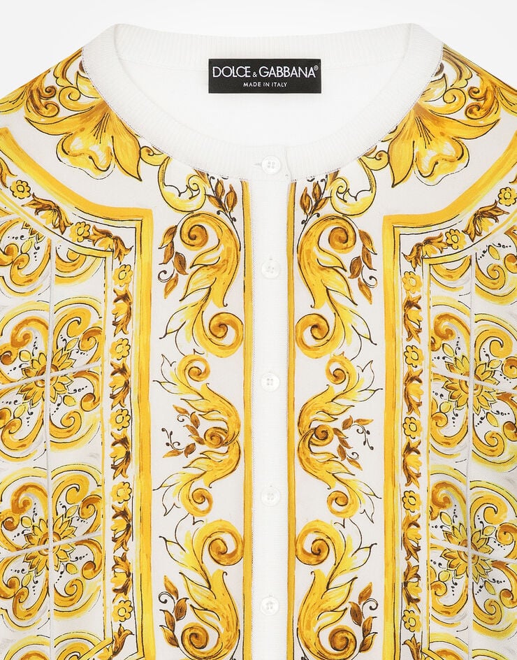 Dolce & Gabbana Cardigan en soie avec panneau avant en sergé de soie à imprimé majoliques Imprimé FXV10TJBSJE