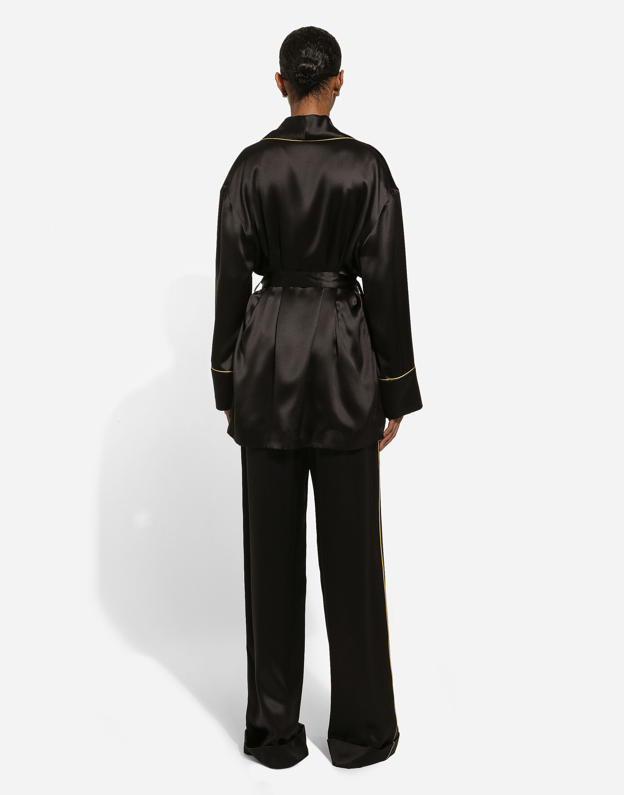 Silk long-sleeved pajama jacket with belt in Black for 