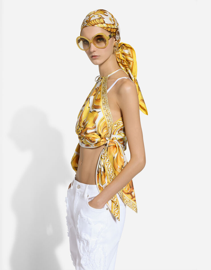 Dolce & Gabbana Top con cuello halter en sarga de seda con estampado Maiolica Imprima F79EFTHI1TN