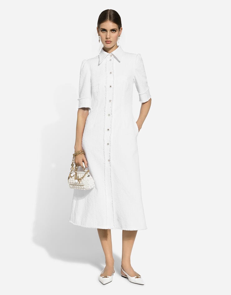 Dolce & Gabbana Vestido longuette en tweed raschel de algodón Blanco F6JJRTHUMT9