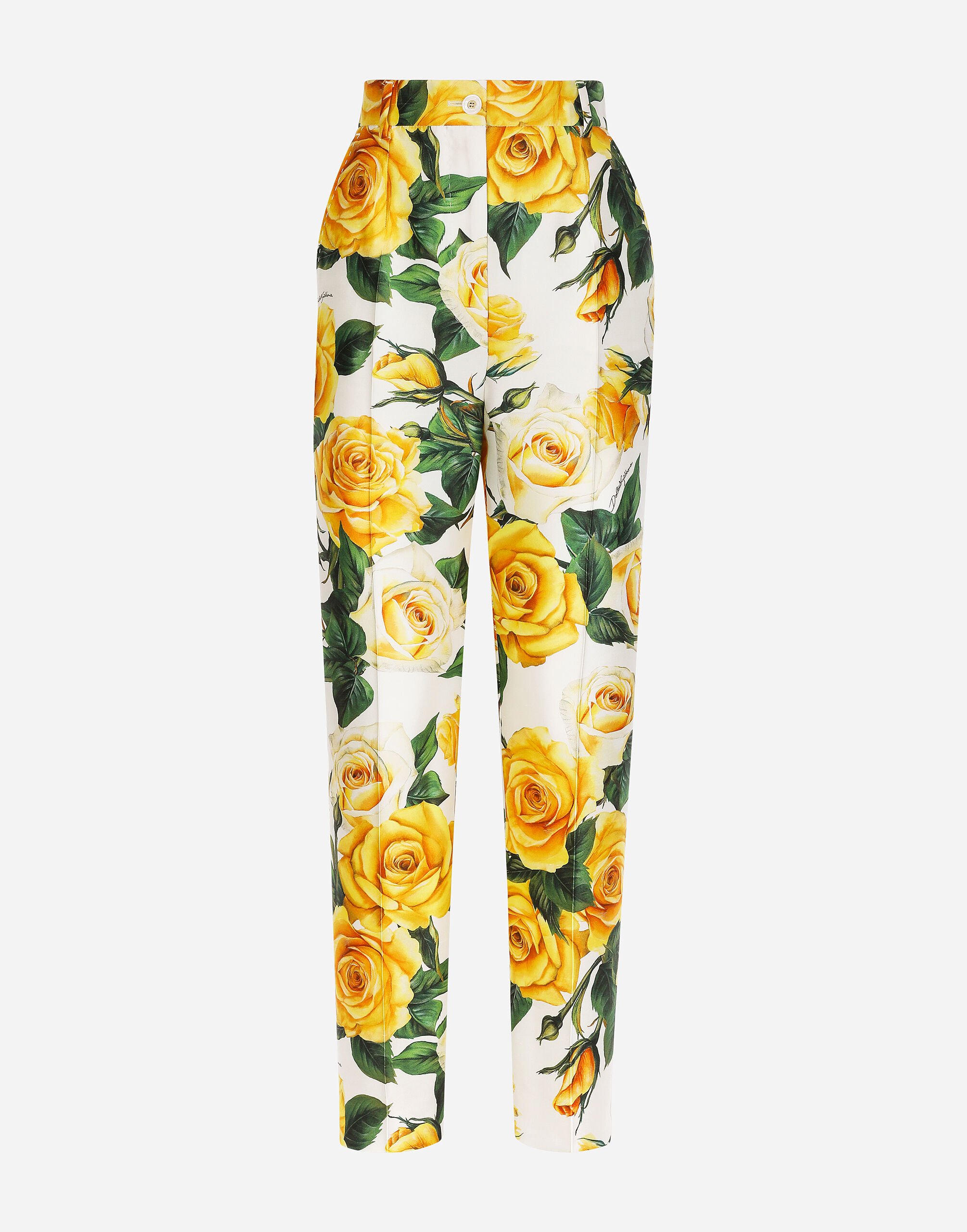 ${brand} High-waisted mikado pants with yellow rose print ${colorDescription} ${masterID}