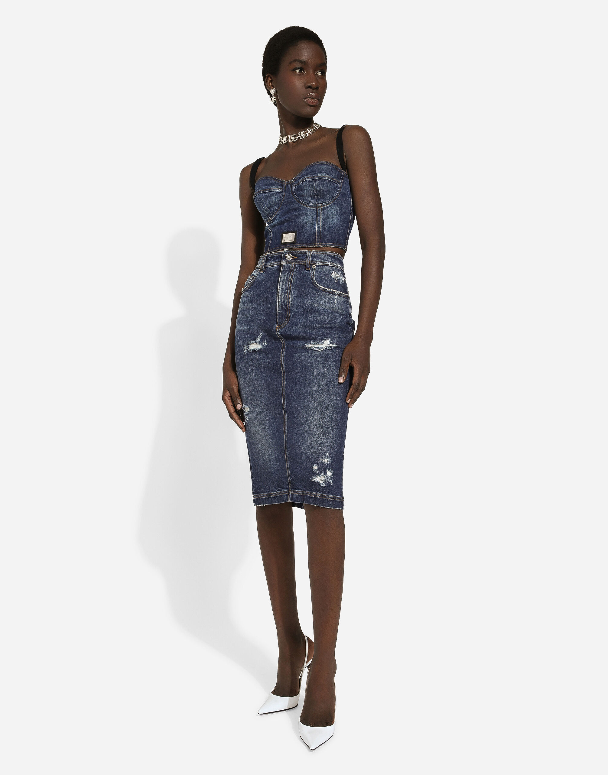 Denim corset top with logo tag in Blue for | Dolce&Gabbana® US