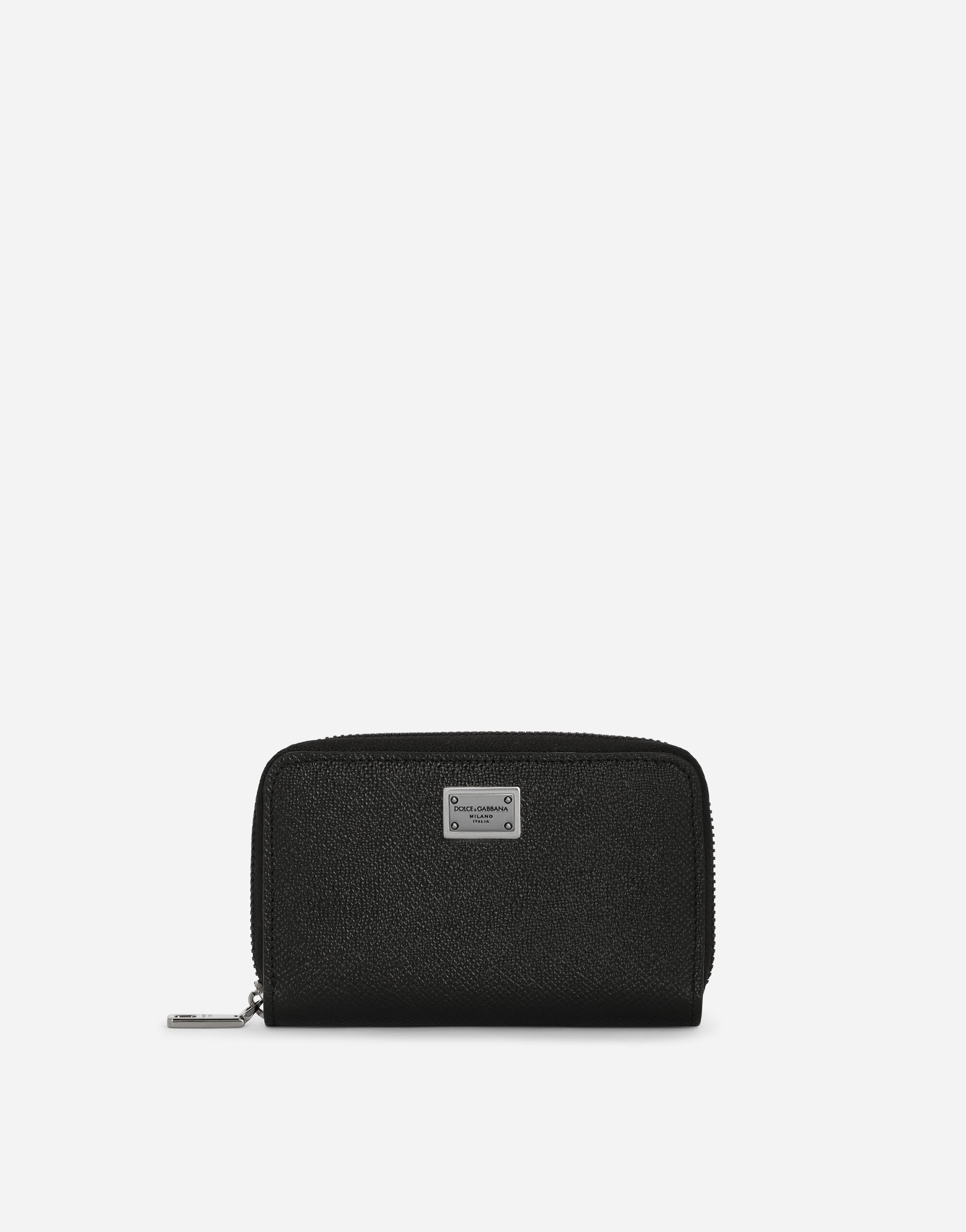 Dolce&Gabbana محفظة من جلد عجل صغيرة بسحاب دائري وبطاقة شعار أسود BM2123AQ437
