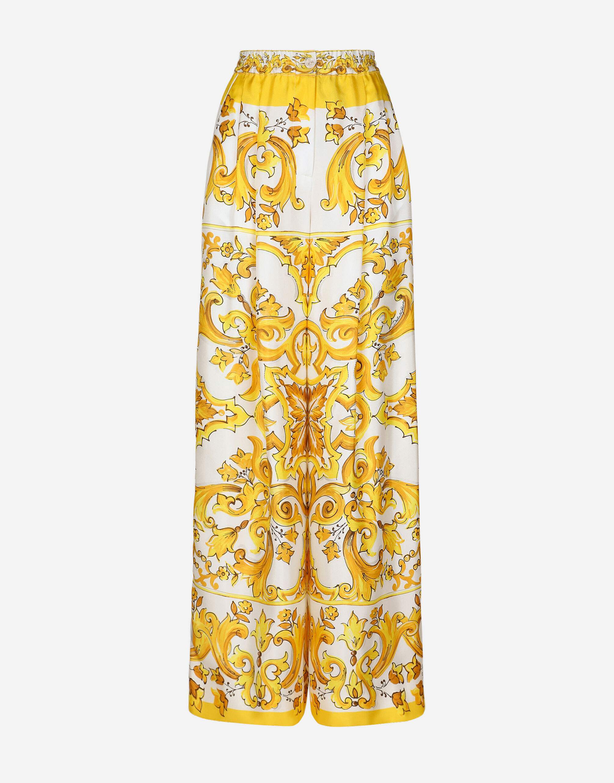 Dolce & Gabbana Pantalon en sergé de soie avec taille élastiquée et imprimé majoliques Blanc FTC55TFJTBV