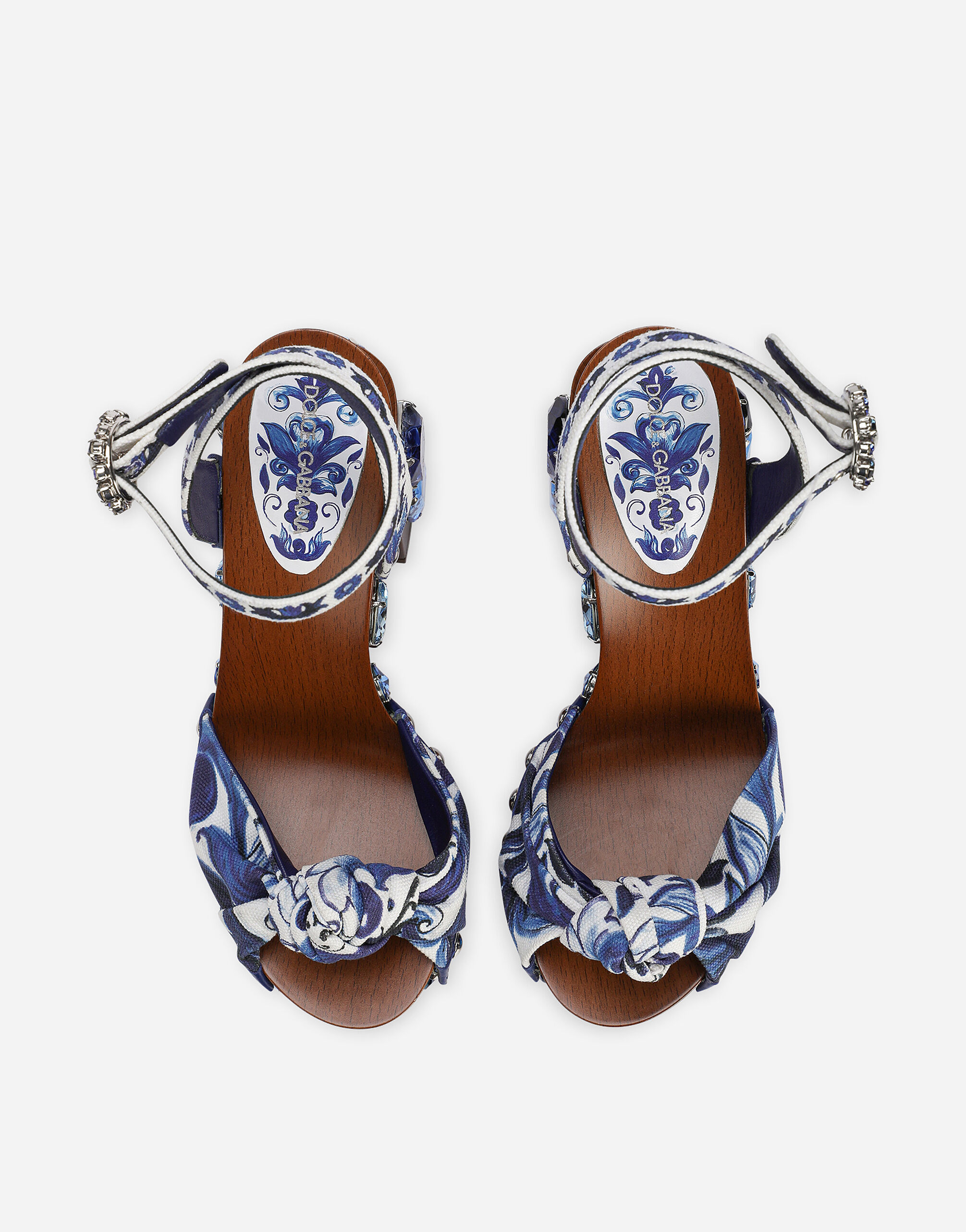 Majolica-print canvas wedge sandals with gemstones in Multicolor 