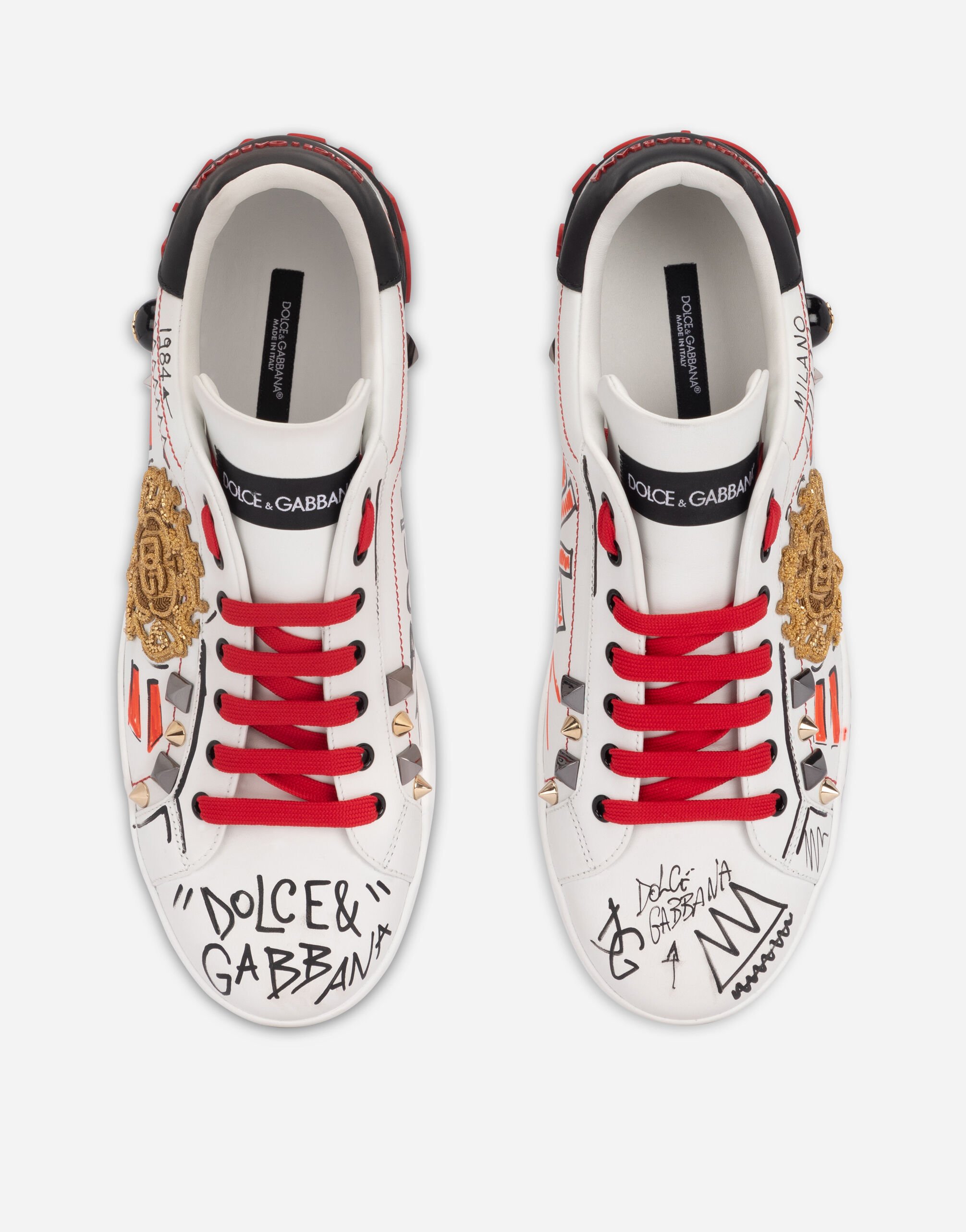 Calfskin Portofino sneakers with embroidery and studs in 