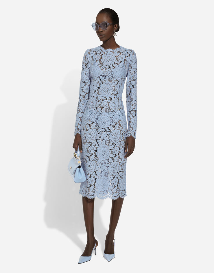 Dolce & Gabbana Calf-length sheath dress in branded floral cordonetto lace Light Blue F6M0DTHLM7L