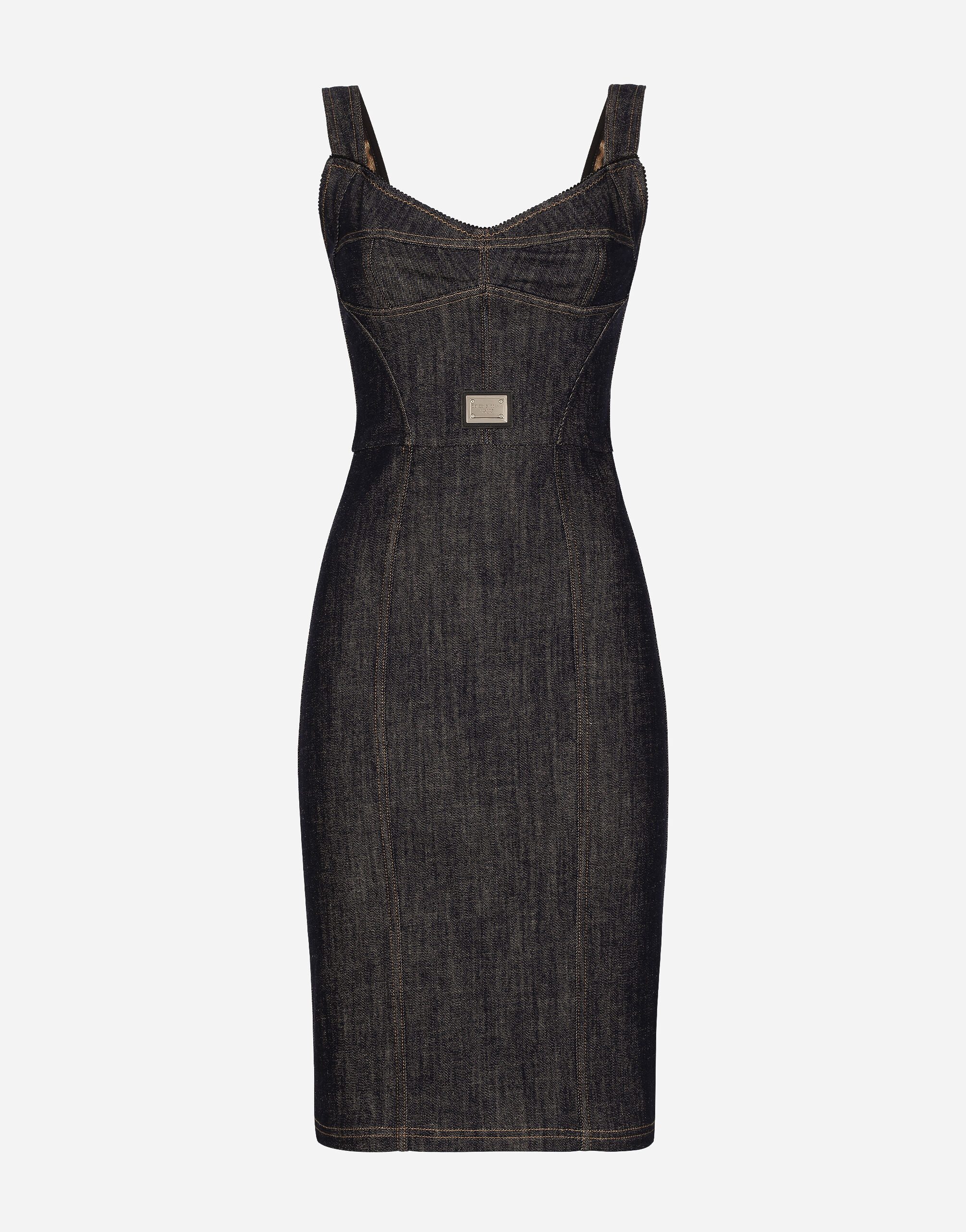 ${brand} Vestido corsetero de denim con placa con logotipo ${colorDescription} ${masterID}