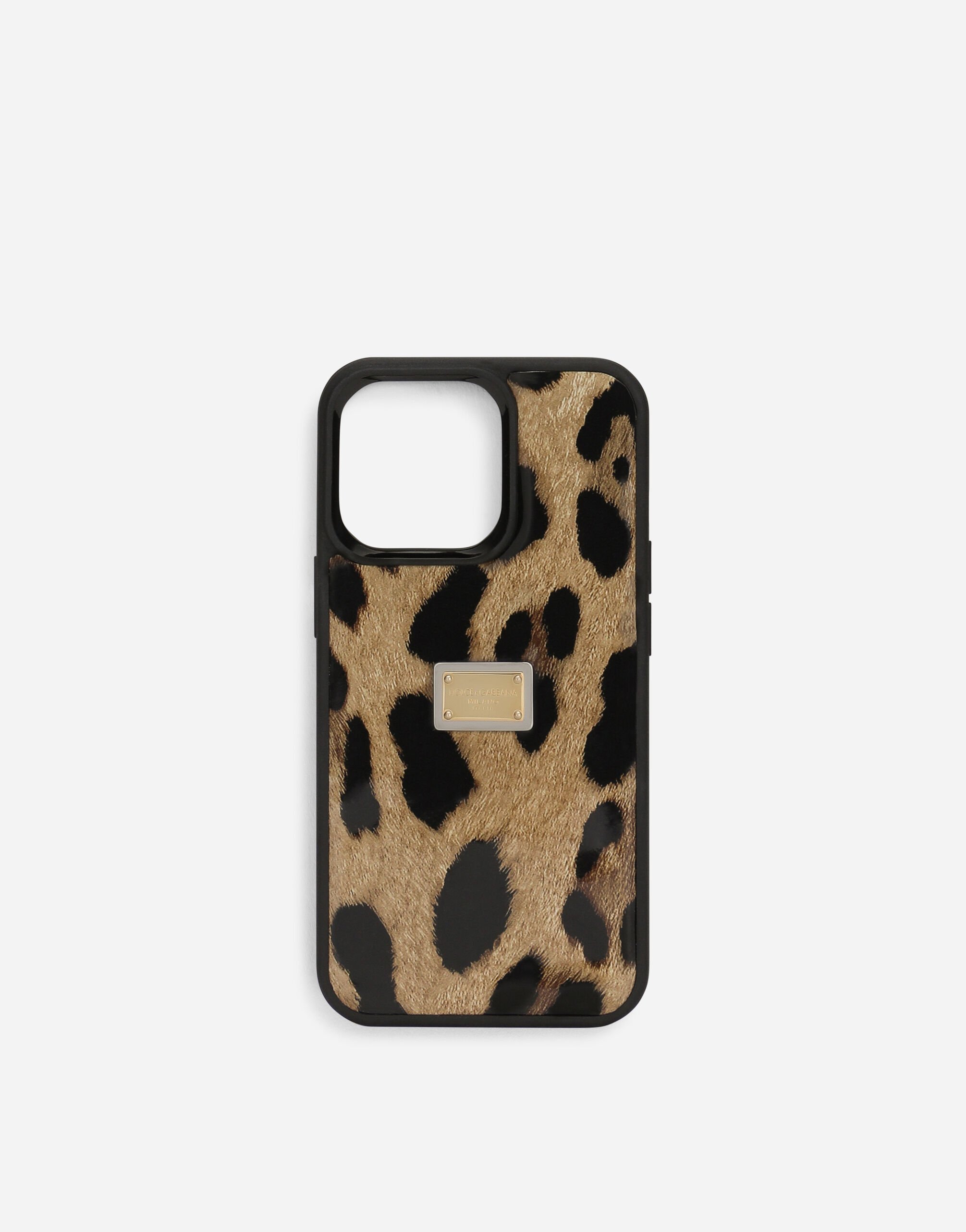 Dolce & Gabbana Cover für iPhone 14 Pro aus glänzendem Kalbsleder mit Leopardenmuster-Aufdruck Animal-Print BE1446AM568